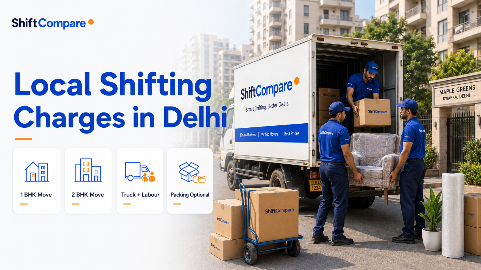 Local shifting charges in Delhi by same-city distance, access and labour scope